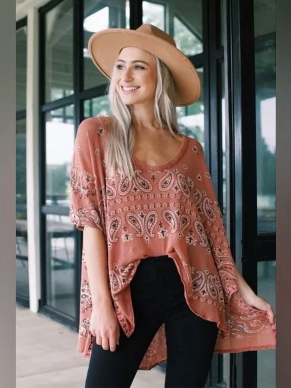 Free People Oversized Paisley Bandana Print Top Hi Low Boho Knit Women’s Sz S